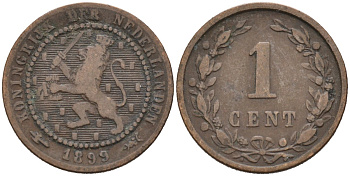 Нидерланды 1 цент 1899 Вильгельмина (1890-1948) KM 107 бронза 4576-632