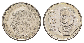 Мексика 50 песо 1988 Mo, старый тип, гурт рубчатый KM 495 медно-никель UNC 4637-745