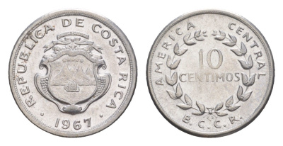 Коста-Рика 10 сентимо 1967 KM 185.1a нержавеющая сталь UNC 4644-336