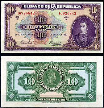 Колумбия 10 песо 1963 Антонио Нариньо, свобода Pick 389 f  бумага  UNC (пресс) 00-00