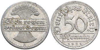 Германия 50 пфеннигов 1921 A KM 27, J. 301 алюминий 60-1124