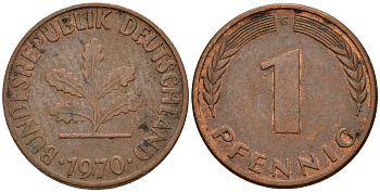 ФРГ 1 пфенниг 1970 G KM 105, J. 380 сталь плакированная медью    4598-448