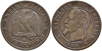 ФРАНЦИЯ 2 САНТИМА 1862 K, НАПОЛЕОН III (1852-1870) KM 796.6 бронза 4392-718