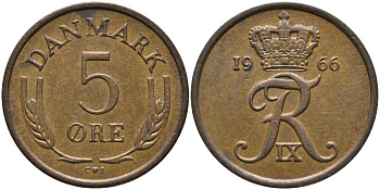 ДАНИЯ 5 ЭРЕ 1966 C; S, ФРЕДЕРИК IX (1947-1972) KM 848.1 бронза 175-656