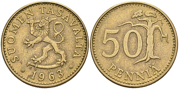 ФИНЛЯНДИЯ 50 ПЕННИ 1963 S KM 48 алюминиевая бронза 4563-413