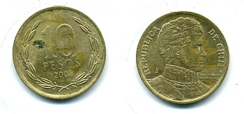 ЧИЛИ 10 ПЕСО 2008 ГЕНЕРАЛ БЕРНАРДО О ХИГГИНС KM 228.2 никель-бронза 37-334