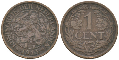 Нидерланды 1 цент 1913 Вильгельмина (1890-1948) KM 152 бронза 4154-1234