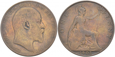 Великобритания 1 пенни 1905 Эдуард VII (1901-1910) KM 794.2, Spink 3990 бронза 215-242