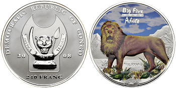 ДР Конго 240 франков 2008 серия 5 крупнейших животных Африки (Big Five), лев, цветная эмаль  серебро  PROOF  11-147-31