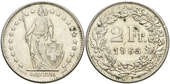 Швейцария 2 франка 1965 KM 21 серебро 4607-546
