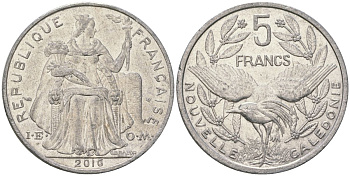 Французская Новая Каледония 5 франков 2016 птица кагу, (IEOM) KM 16, Schoen 12, Lec 81k алюминий 4117-1123