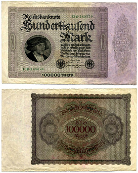 Германия 100000 марок 1923 1 февраля 1923, выпуск (март 1923-5 июля 1925), номер шестизначный, серия 13U 148370 Pick 83, Роземберг 82d бумага 8518-53-2-2