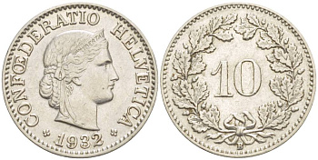 ШВЕЙЦАРИЯ 10 РАППЕНОВ 1932 В KM 27 медно-никель 216-1223