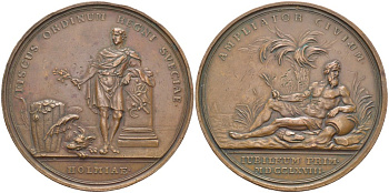 Швеция  медаль 1768 финансы, парламент Швеции, Стокгольм, юбилей 1768 года, FISCUS ORDINUM REGNI SVECIAE, HOLMIAE, AMPLIATOR CIVIUM, IUBILEUM PRIM - 1768,  диаметр 63 мм., вес 80,26 гр.  бронза    1089-2-42