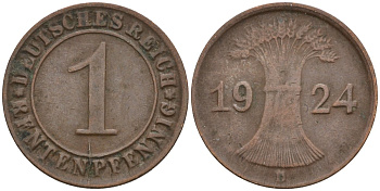 Германия 1 рентенпфенниг 1924 D KM 30, J. 306 бронза 4549-451