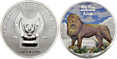 ДР Конго 240 франков 2008 серия 5 крупнейших животных Африки (Big Five), лев, цветная эмаль  серебро  PROOF  11-147-31