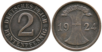ГЕРМАНИЯ 2 РЕНТЕНПФЕННИГА 1924 A KM 31, J. 307 бронза 24-616
