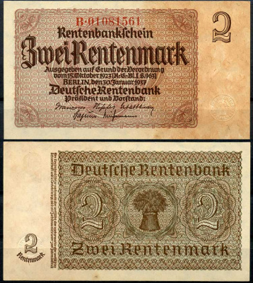 Германия 2 рентенмарки 1937 8 цифр в номере, серия B Pick 174 b (2), Rosenberg 167с бумага аUNC 7217-84-2-1