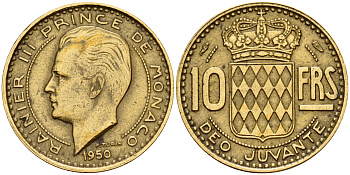 Монако 10 франков 1950 Ренье III (1949-2005) KM 130 алюминиевая бронза    4601-956