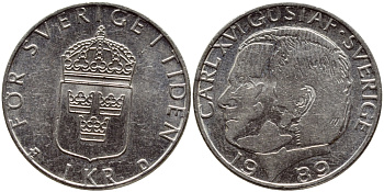Швеция 1 крона 1989 Карл XVI Густав (1973- ) KM 852a медно-никель 4398-1211
