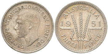 Австралия 3 пенса 1951 PL, Георг V (1936-1952) KM 44 серебро 4621-1227
