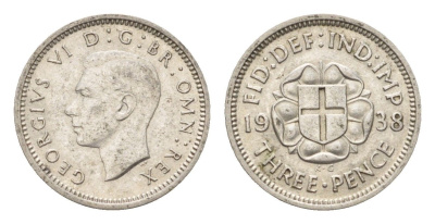 Великобритания 3 пенса 1938 Георг VI (1936-1952) KM 848, Spink 4085 серебро 100-732