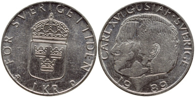 Швеция 1 крона 1989 Карл XVI Густав (1973- ) KM 852a медно-никель 4398-1211