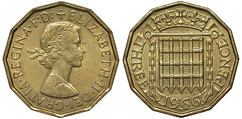 Великобритания 3 пенса 1966 Елизавета II (1952-2022) KM 900, Spink 4153 никель латунь 4122-943