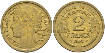 ФРАНЦИЯ 2 ФРАНКА 1939 ТИП MORLON KM 886, LE FRANC 268.12 алюминиевая бронза 3855-133