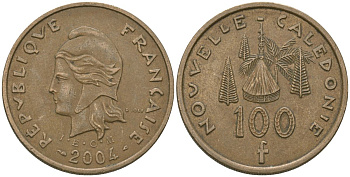 Французская Новая Каледония 100 франков 2004 хижина среди сосен и пальм, (IEOM) KM 15, Schoen 16, Lec 139h никель бронза 111-141