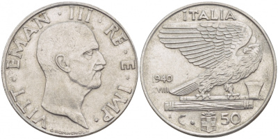 ИТАЛИЯ 50 ЧЕНТЕЗИМО 1940 R, ВИКТОР ИМАНУИЛ, XVIII ГОД KM 76b сталь 4548-141