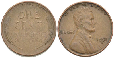 США 1 ЦЕНТ 1951 D, ЛИНКОЛЬН KM А132 медь цинк 218-562