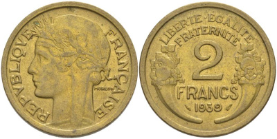 ФРАНЦИЯ 2 ФРАНКА 1939 ТИП MORLON KM 886, LE FRANC 268.12 алюминиевая бронза 3855-133
