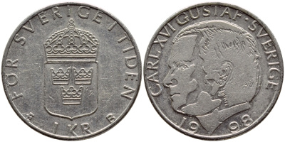 Швеция 1 крона 1998 Карл XVI Густав (1973- ) KM 852a медно-никель 4610-632