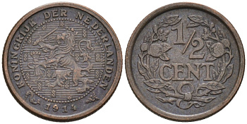 Нидерланды 1/2 цента 1914 Вильгельмина (1890-1948) KM 138 бронза 4576-353