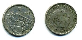 ИСПАНИЯ 5 ПЕСЕТ 1957 (69) ФРАНСИСКО ФРАНКО ДИКТАТОР ИСПАНИИ (1939-1975) KM 786 медно-никель 53-1221