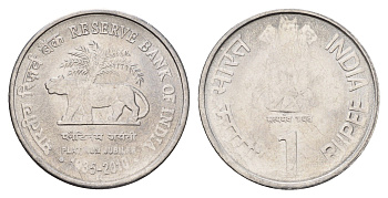 Индия 1 рупия 2010 75 лет Резервному банку Индии KM 385 нержавеющая сталь UNC 4656-121