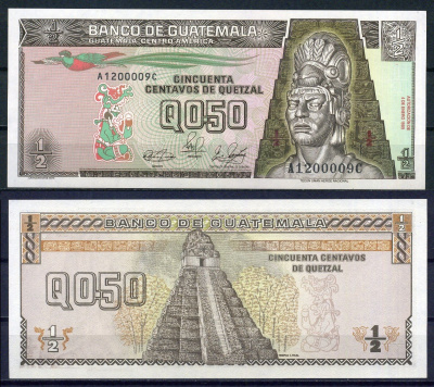 Гватемала 0,50 сентаво  1989  Pick 72 a  бумага  UNC (пресс) 7221-18-2-2