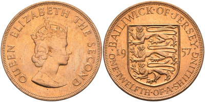 Джерси 1/12 шиллинга 1957 Елизавета II (1952-2022) KM 21 бронза aUNC 4367-335