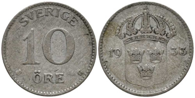 Швеция 10 эре 1933 G, Густав V (1907-1950) КМ 780 серебро 201-1062