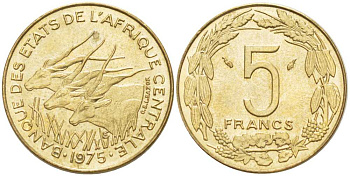 ВАЛЮТНЫЙ СОЮЗ СТРАН ЦЕНТРАЛЬНОЙ АФРИКИ 5 ФРАНКОВ 1975 KM 7 алюминиевая бронза 202-847