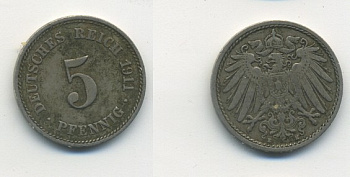 Германия 5 пфеннигов 1911 E KM 11, Jager 12, Weege 6 медно-никель 23-1023