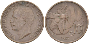 ИТАЛИЯ 10 ЧЕНТЕЗИМО 1927 R, МОНДВОР РИМ, ВИКТОР ЭММАНУИЛ III (1900-1946) KM 60 медь 4525-312