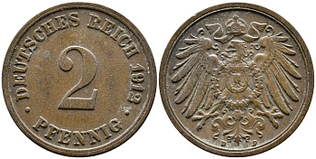 Германия 2 пфеннига 1912 D KM 16, J. 11, Weege 4 медь 54-1952
