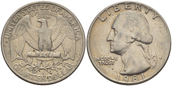 США 25 ЦЕНТОВ = КВОТЕР 1981 Р, ВАШИНГТОН KM А164а медь плакированная медно-никелем 31-737