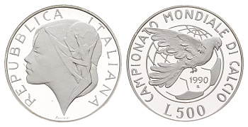Италия 500 лир 1990 Чемпионат мира по футболу 1990 KM 136 серебро PROOF 1083-3-71