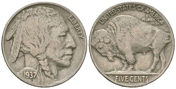 США 5 центов 1937 индеец, бизон KM 134 медно-никель 4614-1265