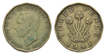 Великобритания 3 пенса 1941 Георг VI (1936-1952) KM 849, Spink 4112 никель латунь 4660-655