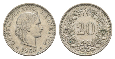 Швейцария 20 раппенов 1960 B KM 29a медно-никель 4625-1066