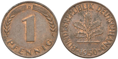 ФРГ 1 пфенниг 1950 D KM 105, J.380 сталь плакированная медью 4174-568
